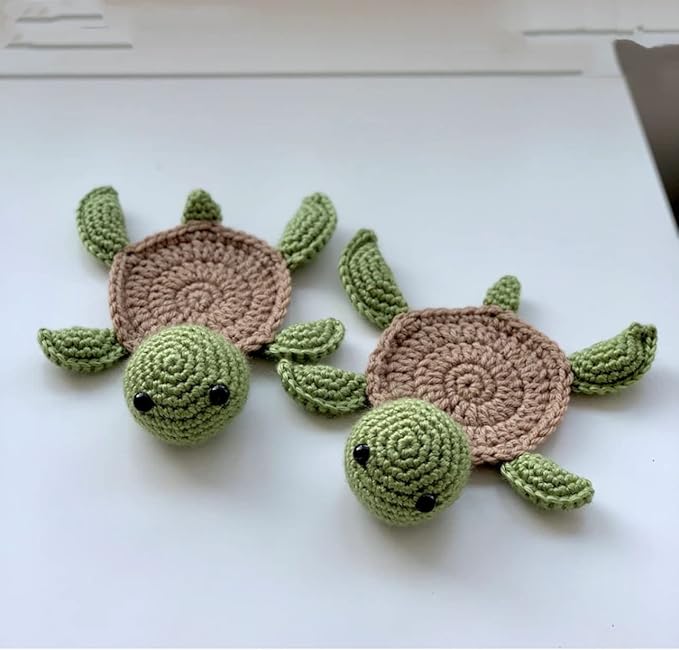 4 Pcs Crochet Tortoise Coasters for Drinks, Funny Handmade Woven Coaster Set, Cute Turtle Shaped Mug Cup Mat Table Desk Decoration