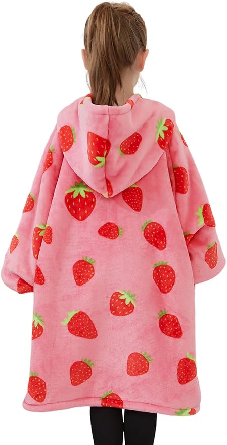 KFUBUO Wearable Blanket Hoodie for Kids Sherpa Patterns Oversized Sweatshirt Blanket With Pocket 6-10 Year Old Girl Cute Hoodies Gift Strawberry