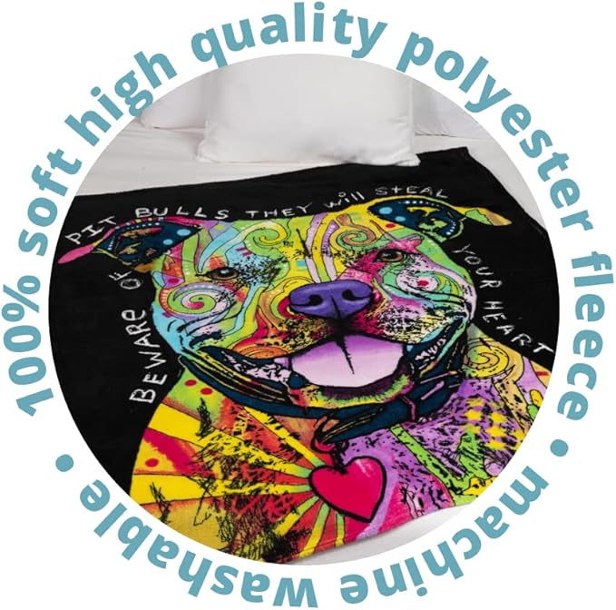 Dawhud Direct 50 x 60 Inch Pitbull Fleece Blanket Throw with Dean Russo Dog Art - Soft and Colorful Pitbull Blankets for Adults, Kids, Bed Couch Sofa Travel - Thoughtful Gift for Dog Lovers