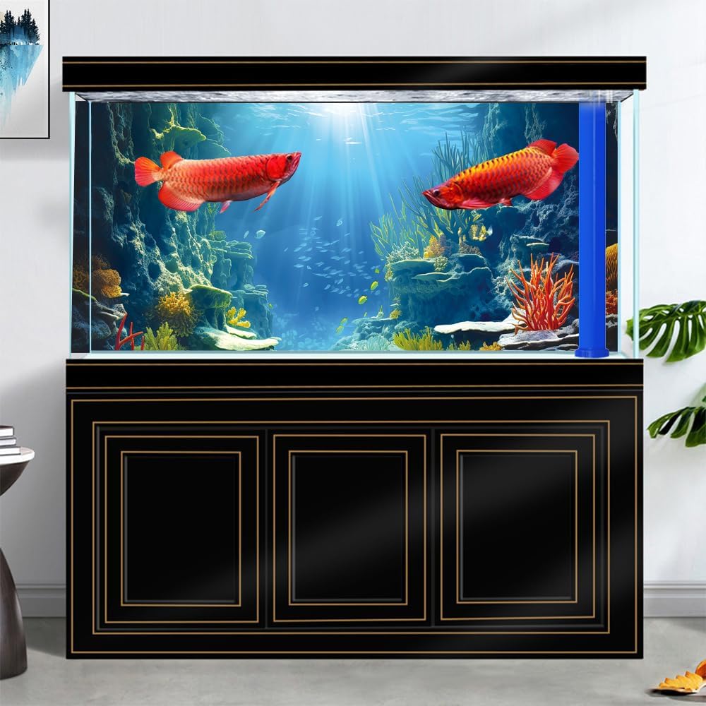 72X24IN Blue Sea Floor Aquarium Background, Natural Underwater World 3D Effect Fish Tank Decorations Background, Art Terrarium Background with 8 EVA Double-Sided Tape