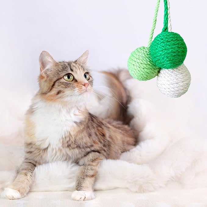 MiOYOOW Cat Toy Sisal Ball, Tricolor Hanging Cat Balls Handmade Cat Scratcher Ball Interactive Toy for Indoor Cats Kittens