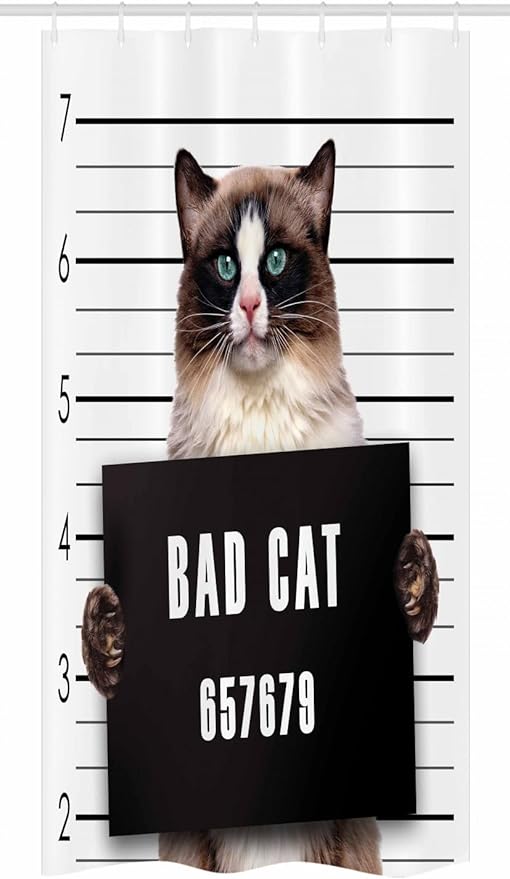 Ambesonne Cat Stall Shower Curtain, Bad Gang Cat in Jail Kitty Under Arrest Criminal Prisoner Hangover Work, Fabric Bathroom Decor Set with Hooks, 36" W x 72" L, Brown Black White