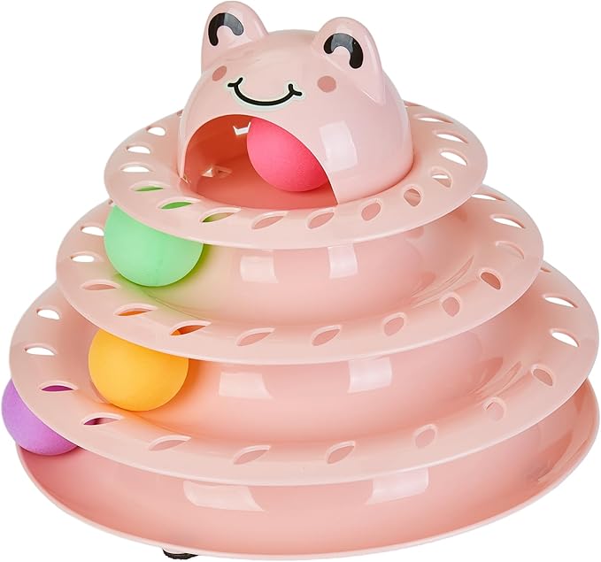 Suhaco Interactive Cat Toys for Indoor Cats Fun Roller 4 Level Cat Tower with Cute Stickers Turntable Kittens Ball Teaser Toy (Pink)