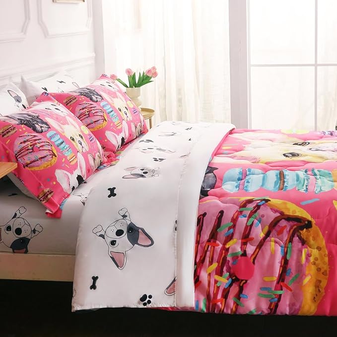 7 Piece Dog Comforter Set Twin Size for Kids Cute 3D French Bulldog Dogs Bedding Bed in A Bag for Teens Boys Girls All Season Watercolor Pink Animal Themed Comforter