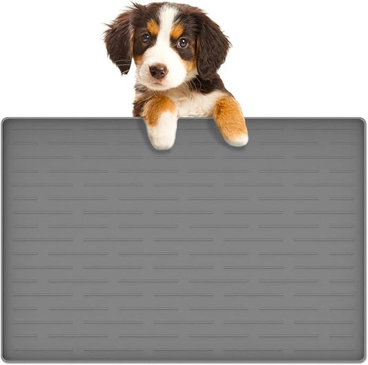 Dog Food Mat, Silicone Dog and Cat Mat for Food and Water Bowls, Waterproof Raised Edge Pet Feeding Mat for Contain Spills Protects Floors, Multiple Colors & Sizes for Pets (24"x16", Light Gray)