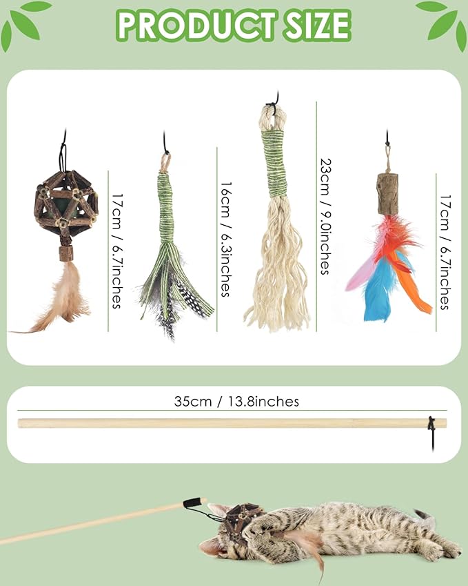TINDTOP Interactive Cat Toys, 4 Pack Cat Wand Toys with Sisal Chew Sticks, Natural Feather and Silvervine Sticks Catnip Ball, for Indoor Cats to Chase and Exercise