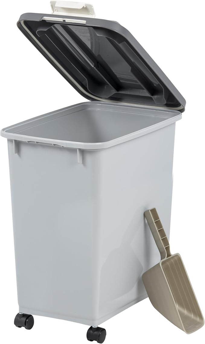 IRIS USA Dog Food Storage Container with Wheels, Airtight Lid, 2-Cup Scoop, Up to 30 Pounds Pet Food Storage, Built in Scoop Storage in Lid, Versatile Pet Food Bin, Portable, BPA Free, Gray/Dark Gray