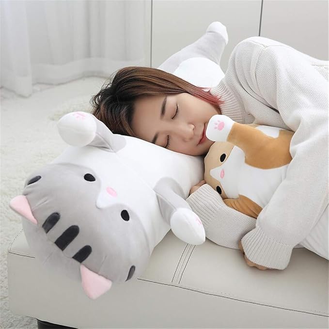 shangman Lovely Plush Cat Doll Cute Cartoon Soft Stuffed Kitten Pillow Long Throw Sleeping Pillow Doll Toy Gift for Kids Girlfriend Multiple Size (Grey,150cm/59in)