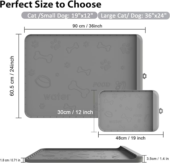 Silicone Pet Feeding Mat with Raised Edge for Food and Water, Dog Cat Food Mats Contain Spills Protects Floors, Dog Cat Bowls Placemat with High Lip for Floor Waterproof, Pets Accessories 19"x12"