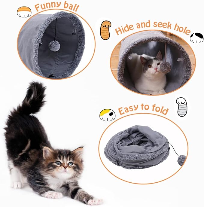 Collapsible Cat Tunnel, Durable Suede Pet Toys Play Tunnel with Ball and Hole, for Cats, Rabbits, Kittens, Puppy and Small Pets (Grey 51x12inch)