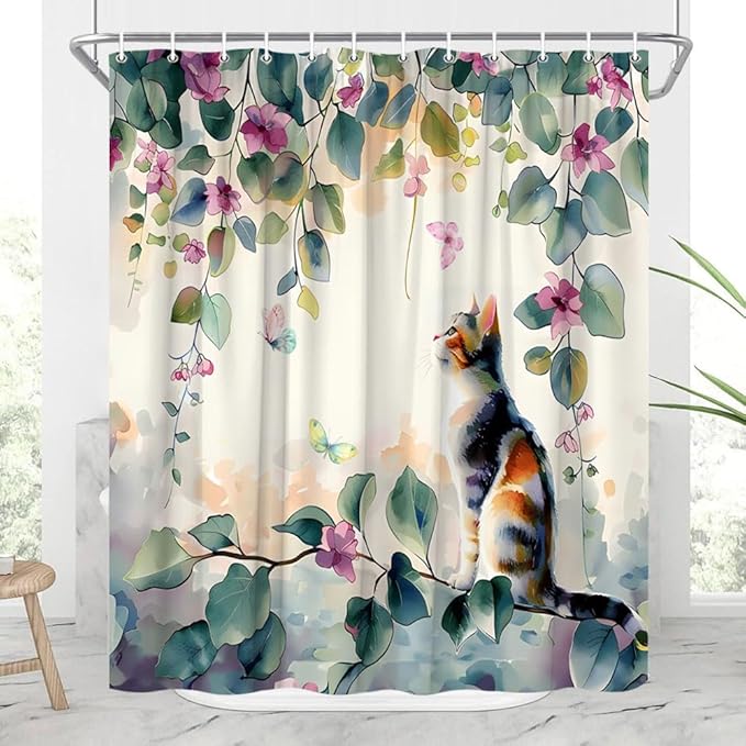 Cat and Green Leaves Shower Curtain Spring Funny Animals Rustic Plants Purple Lavender Watercolor Farmhouse Floral Flowers Polyester Fabric Bath Decor 59x70 inch with Hooks
