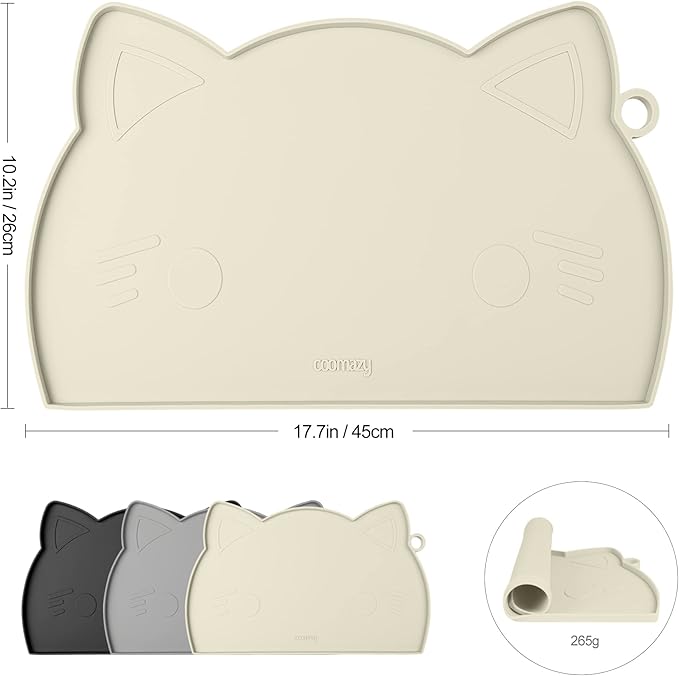 Coomazy Cat & Dog Feeding Mat, Thicker Non-Slip Silicone Mat with Raised Edge, Waterproof for Food & Water (Beige, Medium)