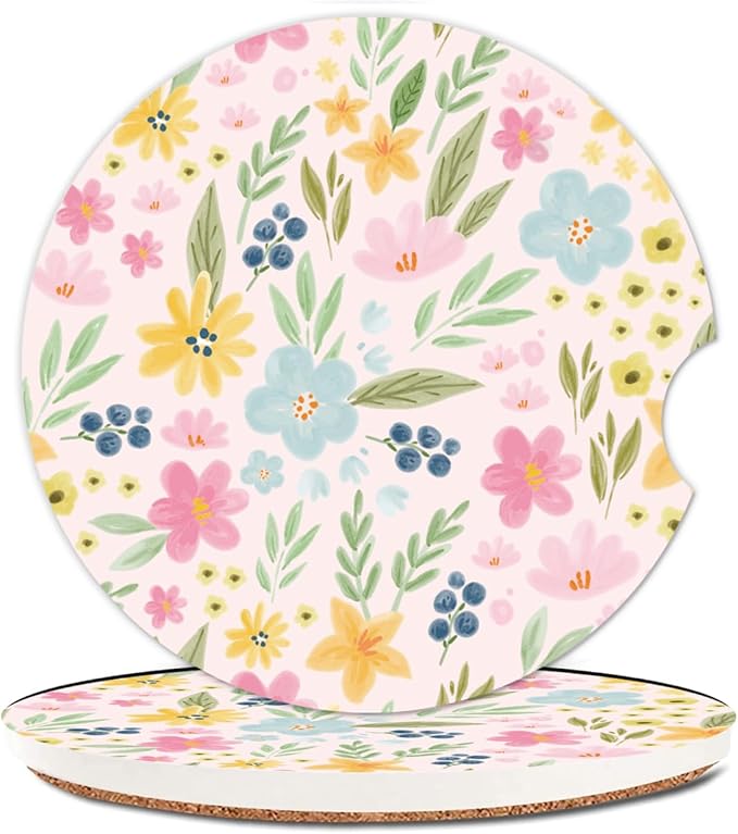 Absorbent Car Cupholder Coaster 2 Pack, Cute Car Coasters with a Finger Notch for Women & Men,2.56" Ceramic Stone & Non-Scratch Cork Base Drink Coasters, Cute Auto Accessories Gifts