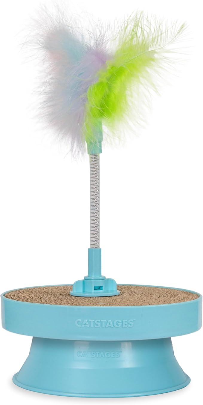 Catstages 2-in-1 Spring Toy Interactive Cat Toy and Topper for Cat Ball Track with Removable Feather Spring Toy and Corrugated Cat Scratcher, Blue