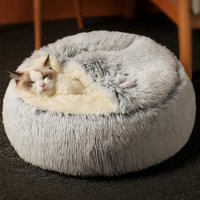 La La Pet® Modern Pet Soft Plush Burrowing Cave Faux Fur Cuddler Round Cat Bed Self Warming Autumn Winter Indoor Snooze Sleeping Cozy Nest for Mini Medium Sized Dog Kitty Teddy Kennel (Gray, M)