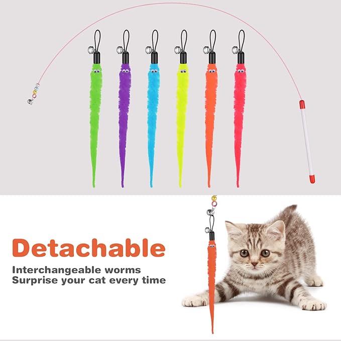 cobee Cat Toys Wand Replacement, 6pcs Furry Tail Worms with Bells + Cat Fishing Pole Toy, Cat Wand Toy Replacement Refills, Assorted Teaser Refills with Bell for Cat Kitten