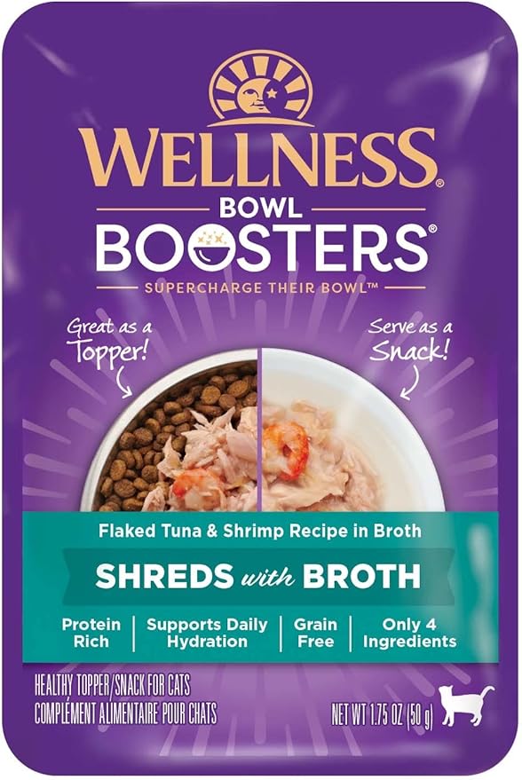Wellness Bowl Boosters Grain Free Wet Cat Food Topper, Flaked Tuna & Shrimp Recipe in Broth, 1.75 Ounce Pouches (Pack of 12)