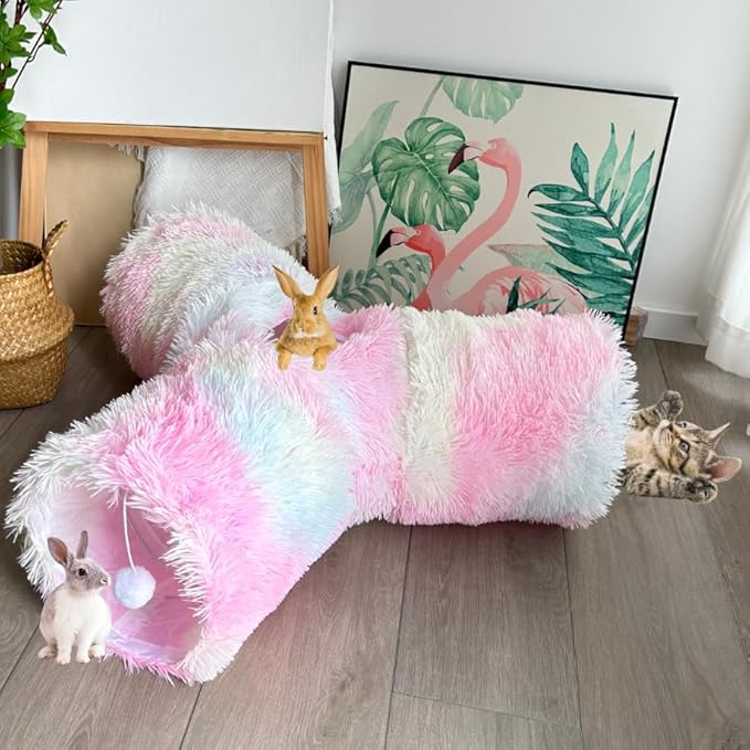 Cat Tunnel Tube Toy, Tunnels for Indoor Catss Soft Warm Rainbow Plush, 3 Way Collapsible Interactive Toys Maze House with Peek Hole Dangling Ball for Rabbit, Puppy, Kitty, Kittens