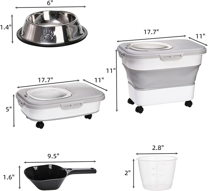 Dog Food Storage Container, Collapsible Airtight Pet Cat Food Bin with Dog Bowl, Wheels, Scoop and Measuring Cup, 20 Lb Kitchen Rice Cereal Flour Bin, Keep Fresh for Dog, Cat, Bird