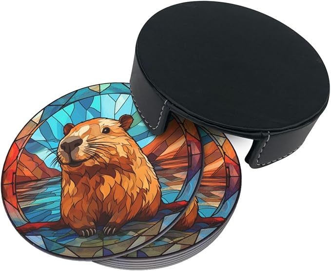 Capybara Drink Coaster Set of 6 With Holder - Leather Coasters for Table/Drinks/Coffee Protection - Housewarming Gift