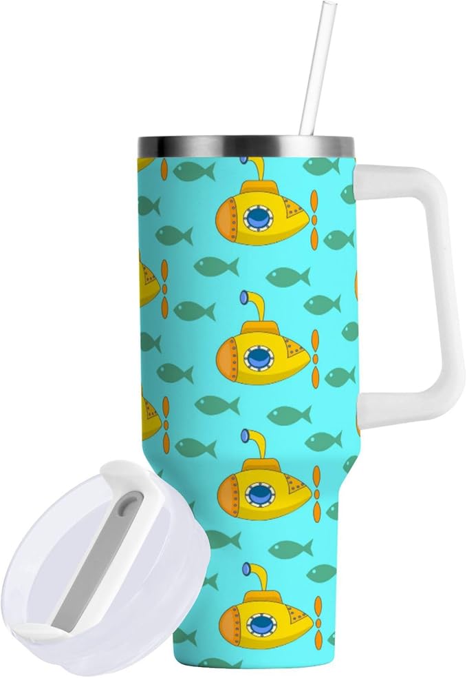 Boccsty Yellow Submarine Insulated Tumblers Colorful Fish Reusable Stainless Steel Tumbler 30 oz Cup Coffee Travel Mug Water Bottle with Handle & Flip Straw for Home Office Car