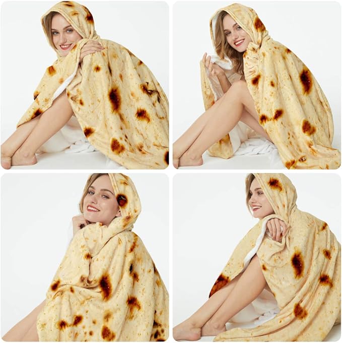 Burrito Tortilla Throw Blanket, 2.0 Double Sided Burritos Taco Tortilla Wrap Blankets for Adults Kids, Giant Funny Realistic Food Blankets, Soft Flannel Round Throw Blanket 80in
