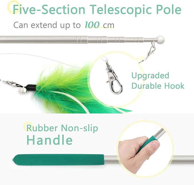 SONGWAY Cat Feather Toys Wand - 7 Pcs Interactive Cat Toys for Indoor Cat Kitten, Retractable Cat Wand Toy with 6 Feather Teaser Refills with Bell, Cat Fishing Pole Toy, Green