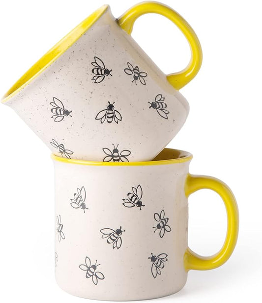 AmorArc 22 OZ Large Ceramic Coffee Mugs, Oversized Soup Cups With Big Handle for Men Women Dad Mom, Big Mug With Textured Bees Patterns for Office & Home -Microwave Safe, 2 Pcs