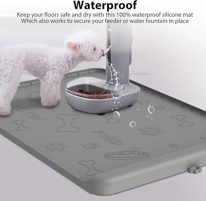 Silicone Pet Feeding Mat with Raised Edge for Food and Water, Dog Cat Food Mats Contain Spills Protects Floors, Dog Cat Bowls Placemat with High Lip for Floor Waterproof, Pets Accessories 19"x12"