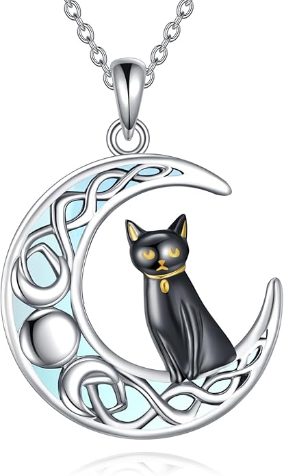 Black Cat Necklace Moonstone Sterling Silver Cats Moon Necklace Gothic Witch Black Cat Jewelry Gifts for Cat Lovers Women