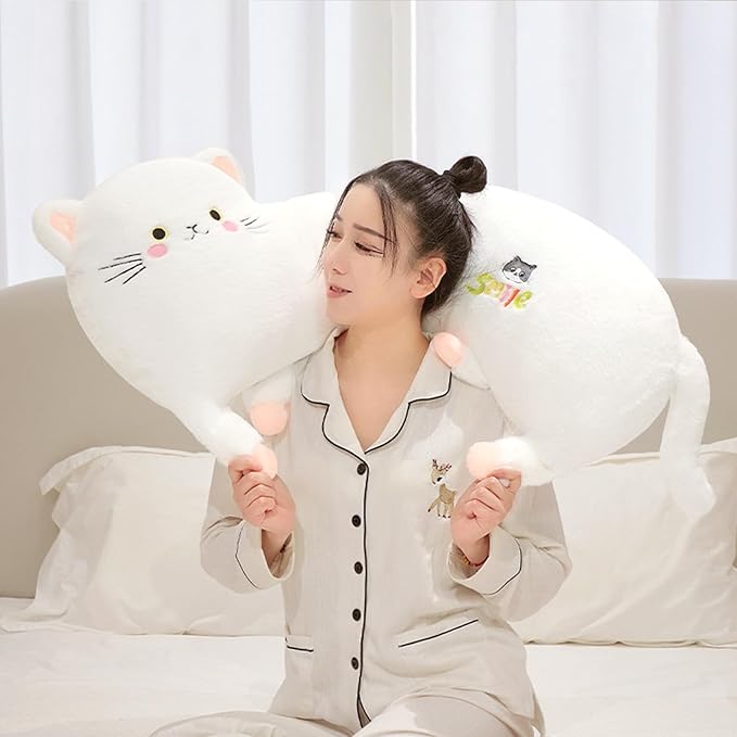 PEACH CAT 31.5" Long Cat Plush Pillow Cute Kitten Stuffed Animals Soft Plushies Toy Gifts for Kids White