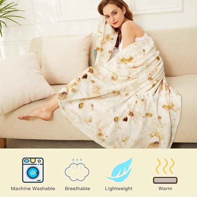 Burrito Tortilla Throw Blanket, 2.0 Double Sided Burritos Taco Tortilla Wrap Blankets for Adults Kids, Giant Funny Realistic Food Blankets, Soft Flannel Round Throw Blanket 60in