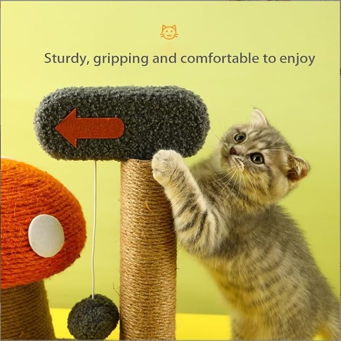 2-in-1 Cat Scratching Post, Mushroom Claw Scratcher Post for Indoor Cats, Natural Sisal Rope with Hanging Ball & Toys for Kittens to Satisfy Cats' Claw Instincts (T-b)