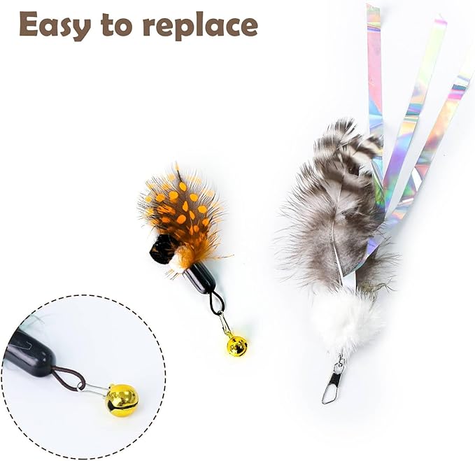 Cat Insect Feather Toys Replacement Cat Toy Wand Refills, 6 Pieces Natural Insect Cat Toy Feathers Refill, Interactive Cat Teaser Wand Attachments, with Bell