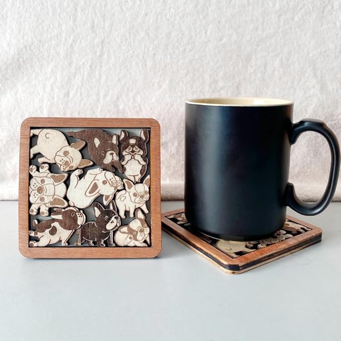 02 French Bulldog Dog Puzzle Wooden Coaster Set - Interlocking Jigsaw Drink Mats with Laser-Cut Design for Pet Lovers (02 French Bulldog Coasters)