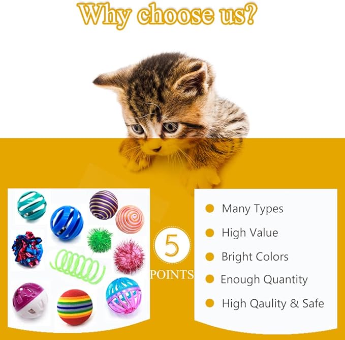 LASOCUHOO Cat Toys, Kitten Cat Ball Toys Assortments, Including Rainbow Ball, Crinkle Ball, Sparkle Ball, Bell Balls, Sisal Ball for All Cats 30 Packs