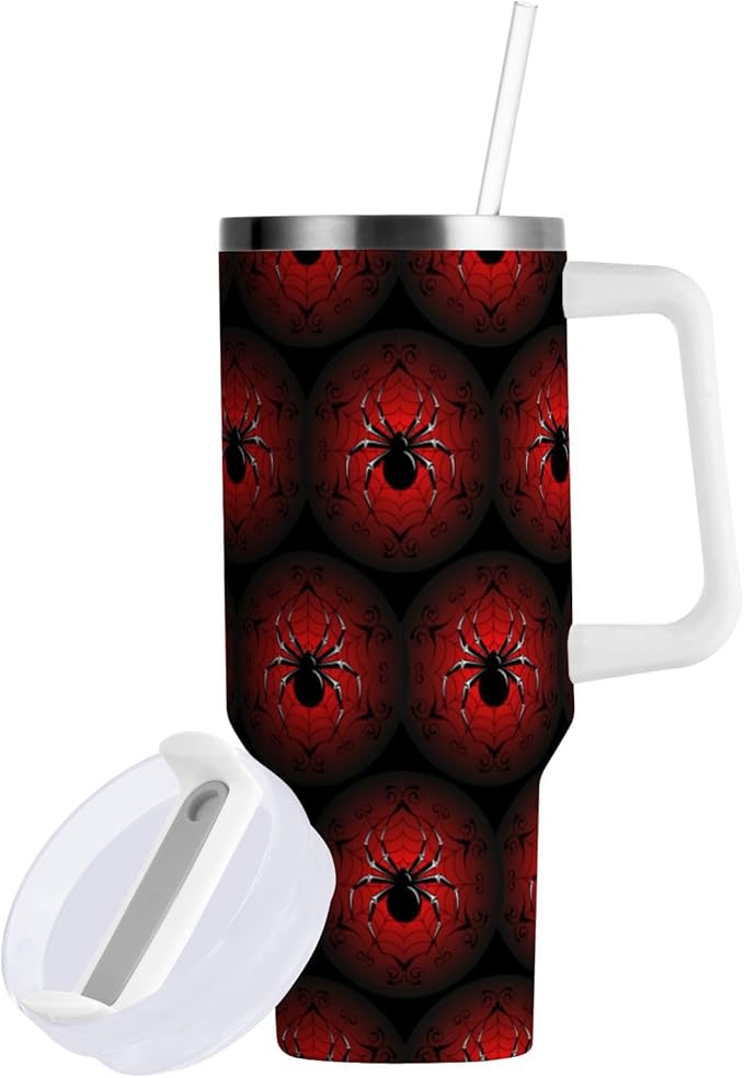 Boccsty Black Red Spider's Web Insulated Tumblers Reusable Stainless Steel Tumbler 30 oz Cup Coffee Travel Mug Water Bottle with Handle & Flip Straw for Home Office Car