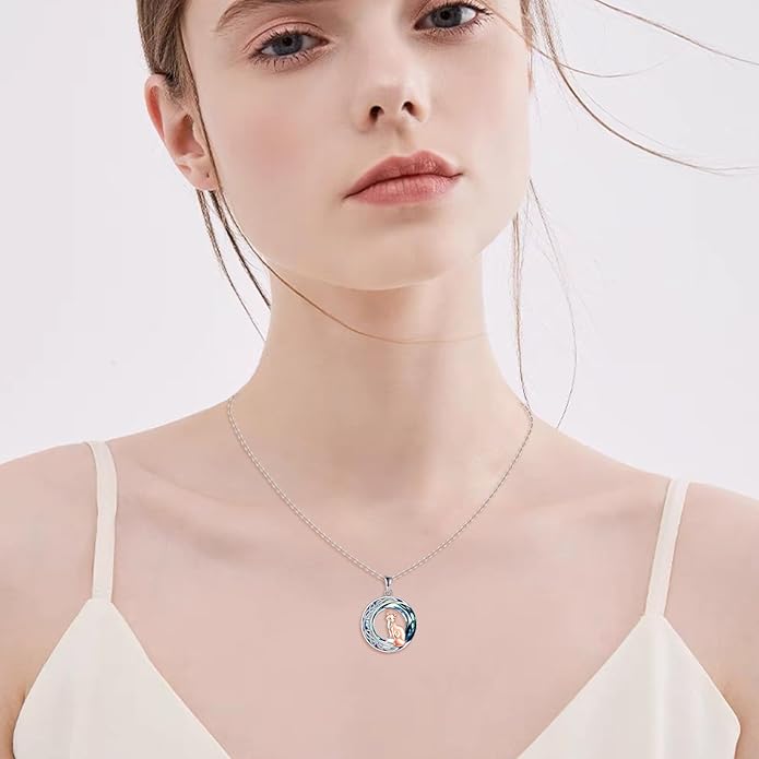 925 Sterling Silver Celtic Crescent Moon Animal Necklace for Women Fox/Black Cat/Hummingbird Crystal/Abalone Shell Pendant Jewelry Gift for Mom Daughter