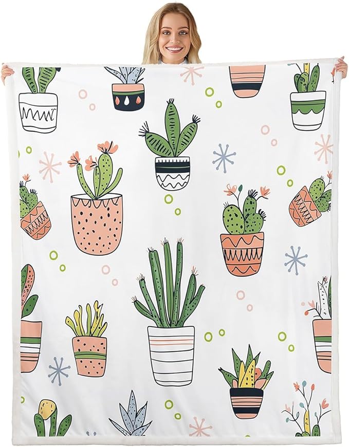 Colorful Cactus Sherpa Blanket Boho Succulent Plush Blanket Botanical Fleece Throw Blanket for Sofa Couch Bed Exotic Natural Theme Fuzzy Blanket Cartoon Cactus Ultra Soft Room Decor Throw 50x60 Inch