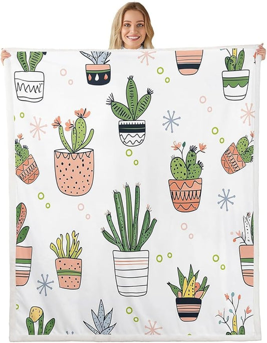 Colorful Cactus Sherpa Blanket Boho Succulent Plush Blanket Botanical Fleece Throw Blanket for Sofa Couch Bed Exotic Natural Theme Fuzzy Blanket Cartoon Cactus Ultra Soft Room Decor Twin 60x80 Inch