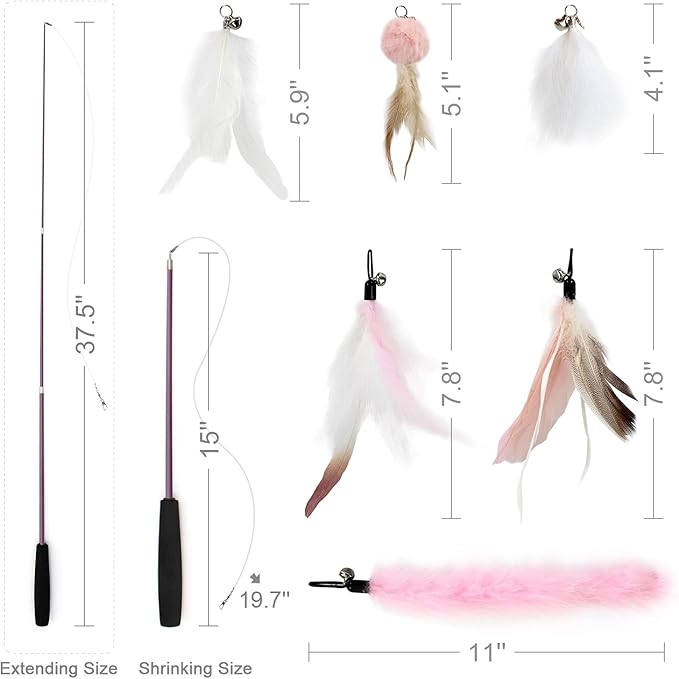 SONGWAY Interactive Cat Feather Toys - 7 Pcs Cat Toy Set, Retractable Cat Wand Toy, Teaser Refills Worm Bird Feathers with Bell, Cat Teaser Toys for Indoor Cats Kitten Play Chase Exercise, Light Pink