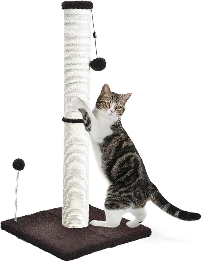 Cat Scratching Post 32" Tall Scratching Post Kitten Scratcher Sisal Scratch Posts Basic with Hanging Ball for Indoor Cats, Integrated Cat Toys, Brown