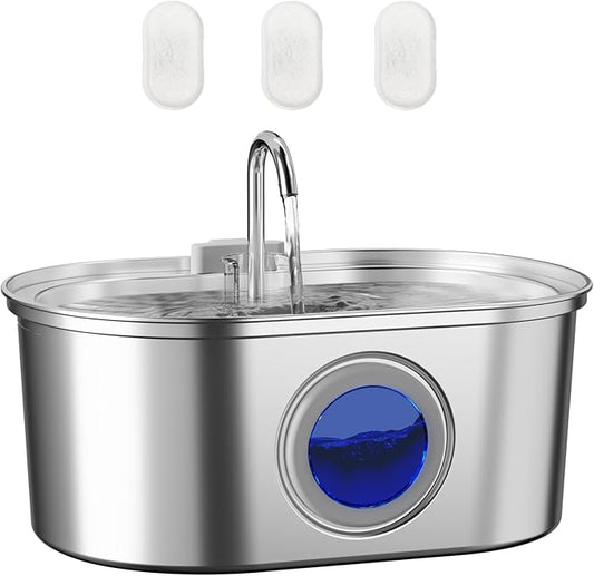 Automatic Cat Water Fountain Stainless Steel, 0.8gal/108oz Pet Water Fountain, 3 Replacement Carbon Filters, Quiet Pump, Suitable for Cats, Dogs and Multi-pet households (Elliptical)