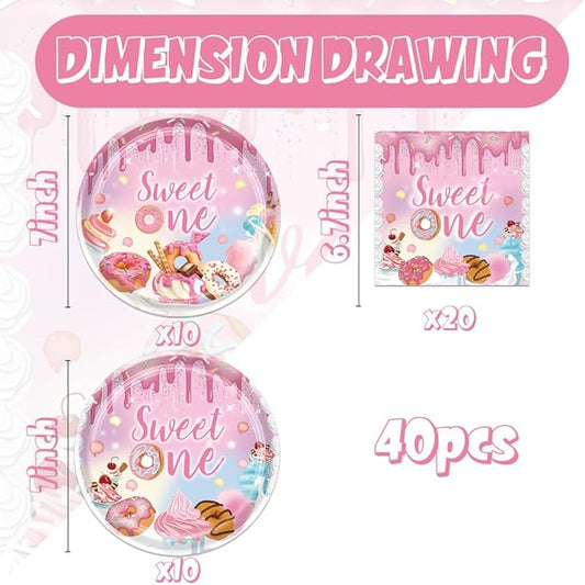 40pcs Donut Birthday Party Decoration,include 20 Dessert Plate, 20 Napkin,Pink Donut Disposable Tableware,Used for Candyland Birthday Party Supplies