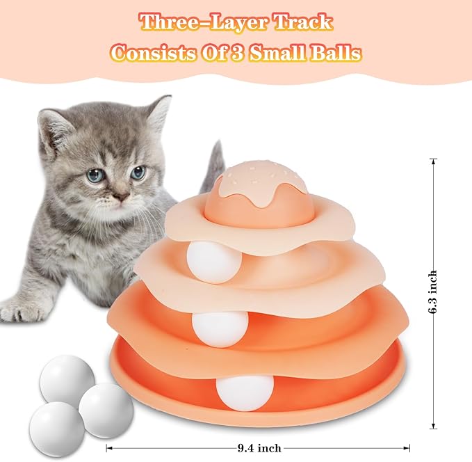 Cat Ball Track Toy,Interactive Cat Toy,Engaging Fun for Indoor Cats, Multi-Layer Design, Ice Cream Structure,Detachable and Easy to Clean (Pink)