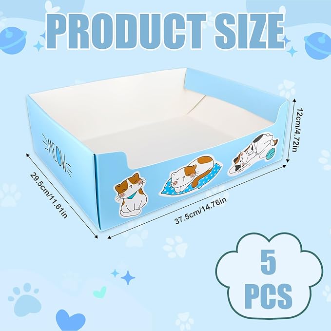 5pcs Single Use Cat Litter Box, 14.76x11.61in Double Layer Waterproof Portable Cat Litter Tray Foldable Box Paper Cat Litter Box for Cats Small Pets Indoor & Outdoor (Blue)