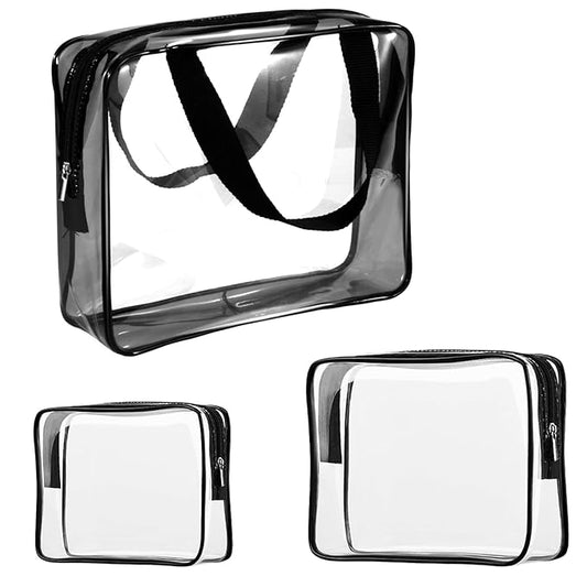 3Pcs Crystal Clear PVC Travel Toiletry Bag Kit for Women Men, Waterproof Vinyl Organizer Clear Makeup Bags with Zipper Handle Straps, Cosmetic Bag Pouch Carry on Airport Airline Compliant Bag Handbag