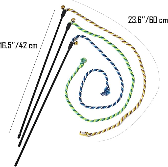Cat Wand Toys, 3 PCS String Cat Toys Colorful Hemp Rope Cat Stick Interactive Cat Teaser Wand for Cat Kitten Kitty Playing Toy