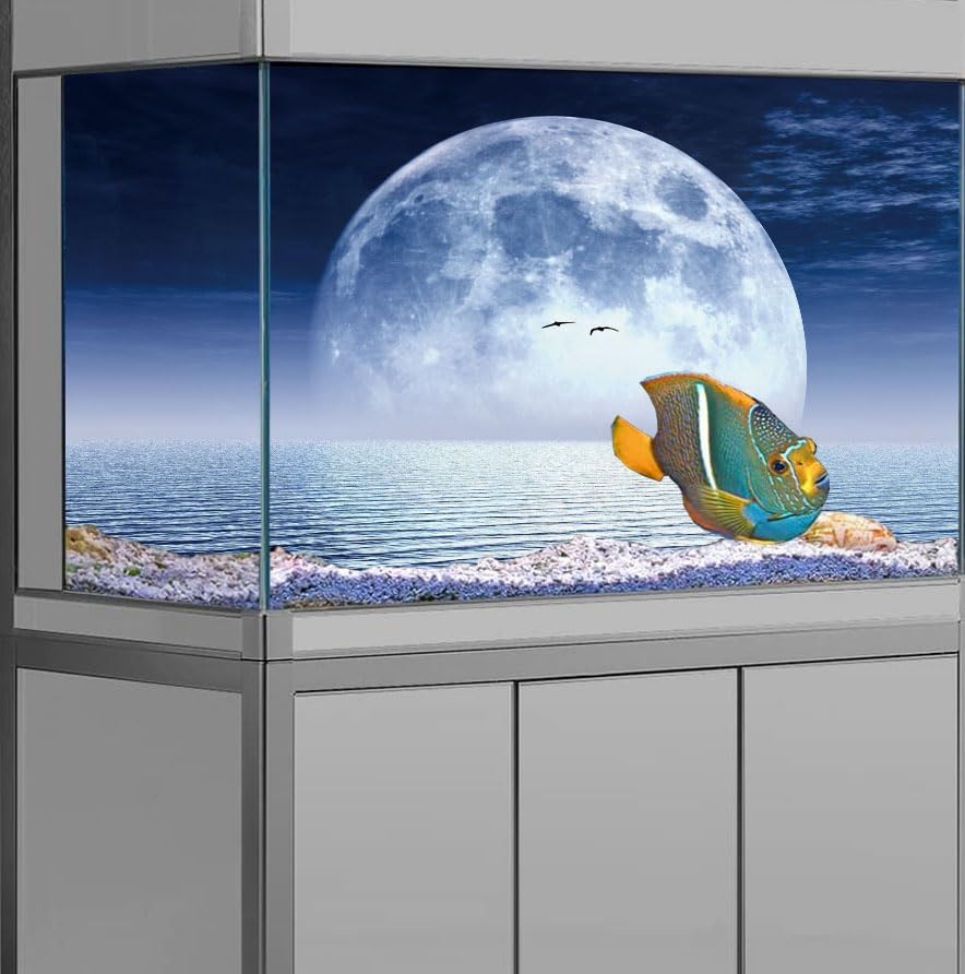 Moon Aquarium Background,Cool Sea Galaxy Parallel Space Themed Fish Tank Background, Cool Terrarium Background 72X18IN with 8 EVA Double-Sided Tape