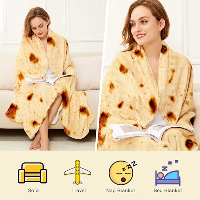 Burrito Tortilla Throw Blanket, 2.0 Double Sided Burritos Taco Tortilla Wrap Blankets for Adults Kids, Giant Funny Realistic Food Blankets, Soft Flannel Round Throw Blanket